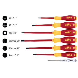 Wiha Tools 32087 Insulated Slotted, Phillips, Square Screwdrivers and Tester 7 Piece Set