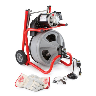 Ridgid 27008 K-400 Machine with Gloves & Std. Equipment: Two-Wheel Cart, AUTOFEED, C-32 IW 3/8" x 75' (10 mm x 23 m) Solid Core (Integral Wound) Cable, T-260 Tool Set