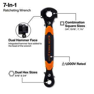 Klein Tools KT175HFINS 7-in-1 Hammer Facing Insulated Lineman Wrench