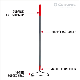 Corona RK16020 Forged Bow Rake, 16 Head, 16 Tines, Fiberglass Handle
