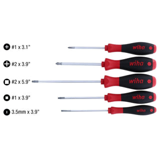 Wiha Tools 30286 5 Piece SoftFinish Slotted and Phillips and Square Screwdriver Set