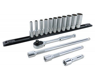 Wiha Tools 33792 3/8" Inch Drive 12 Point Deep Socket Set, 1/4" to 7/8" with Ratchet and Extensions, 15 Pc.