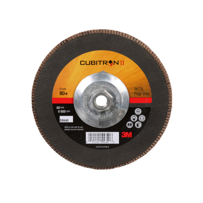 3M Cubitron II Flap Disc 967A, 80+, T27 Quick Change, 7 in x 5/8"-11,
Giant
