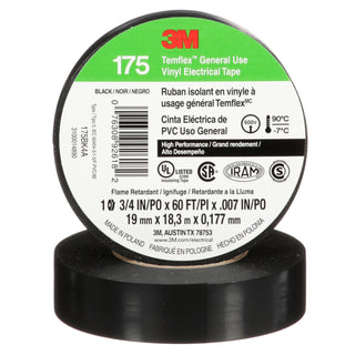 3M Temflex Vinyl Electrical Tape 175, Black, 3/4 in x 60 ft (19 mm x 18 m)