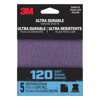 3M Ultra Durable Power Sanding 1/4 Sheet, 120 grit, 1/4Sht5pk120, 5 pk