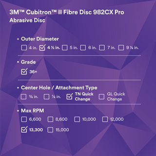 3M Cubitron II Fibre Disc 982CX Pro, 36+, TN Quick Change, 4-1/2 in,
Die TN450E