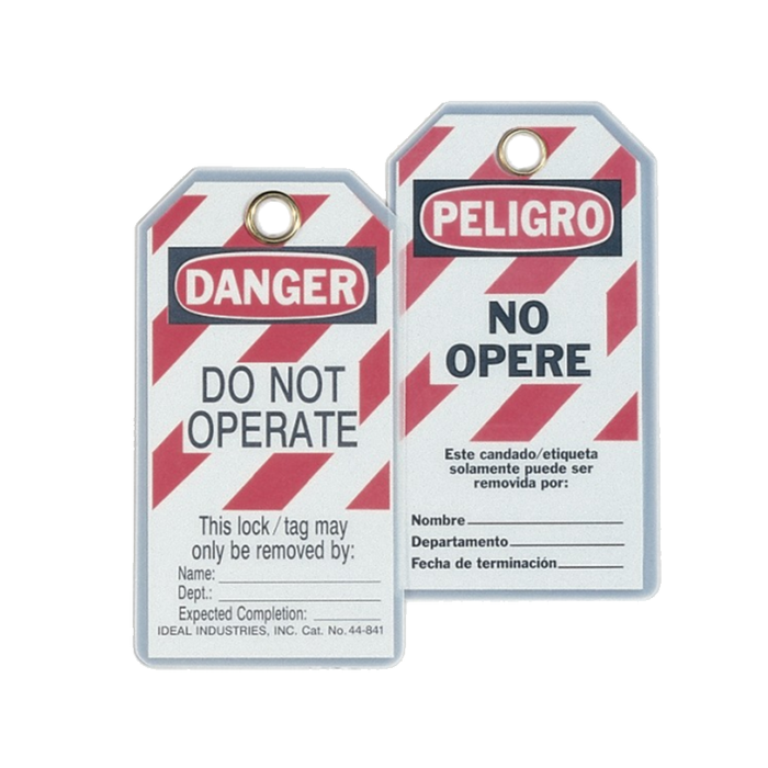Ideal 44-841 Lockout Tag Bilingual, "Do Not Operate", Striped, 5/Pkg.