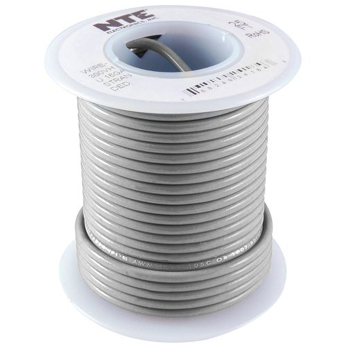 NTE WH18-08-25  Hook Up Wire Stranded Wire 300V 18AWG 25ft Gray