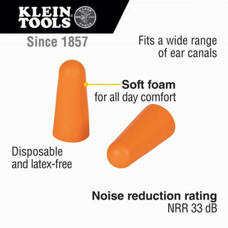 Klein Tools 6054050 Foam Earplugs, 33dB Noise Reduction Rating, Disposable Soft Foam Design, Latex Free, Dispensing Box, Orange, 50-Pair