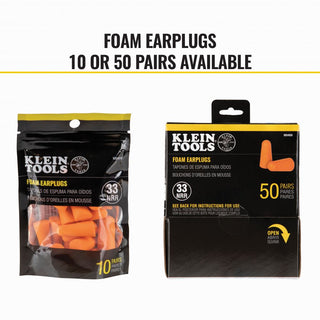 Klein Tools 6054010 Foam Earplugs, 33dB Noise Reduction Rating, Soft Disposable Foam Design, Latex Free, Resealable Pouch, Orange, 10-Pair