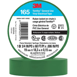 3M Temflex Vinyl Electrical Tape 165, Green, 3/4 in x 60 ft, 6 mil, 10 Pack