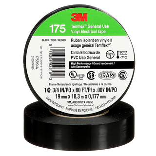 3M Temflex Vinyl Electrical Tape 175, Black, 3/4 in x 60 ft, 7 mil, 10 Pack