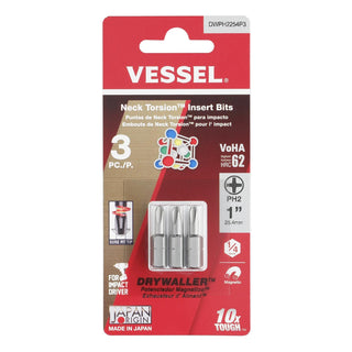 Vessel Tools DWPH2254P3 DRYWALLER Neck Torsion Insert Bits, 3 Pc.