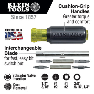 Klein Tools 32527 Schrader Valve Core Tool 11-in-1 Screwdriver/Nut Driver