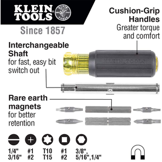 Klein Tools 32500MAG Magnetic Multi-Bit Screwdriver / Nut Driver, 11-in-1 Multi Tool