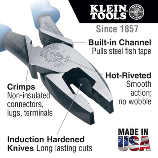 Klein Tools J2000-9NECRTP Lineman's Pliers, Fish Tape Pull/Crimping, 9-Inch