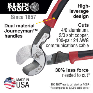 Klein Tools J63225N Journeyman High-Leverage Wire Cable Cutter and Stripper for Cutting Aluminum, Soft Copper and Communications Cable