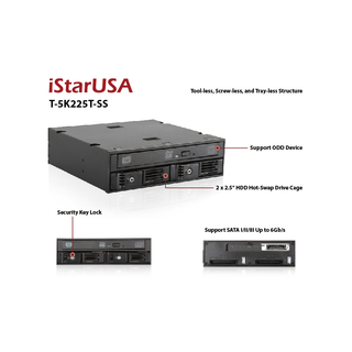 iStarUSA T-5K225T-SA Trayless 5.25" to Slim ODD and 2x 2.5" SATA 6 Gbps HDD SSD Hot-swap Rack